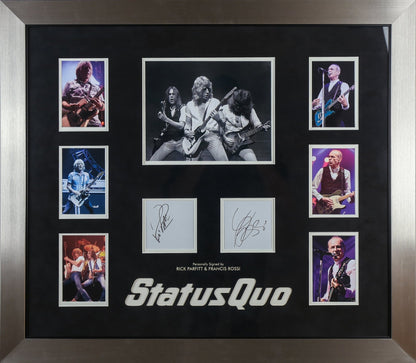 Rick Parfitt and Francis Rossi, Satus Quo Signed White Card Framed Display - Memorabilia Framers Shop