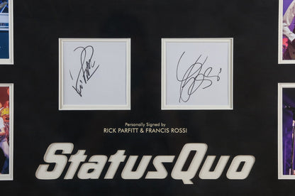Rick Parfitt and Francis Rossi, Satus Quo Signed White Card Framed Display - Memorabilia Framers Shop