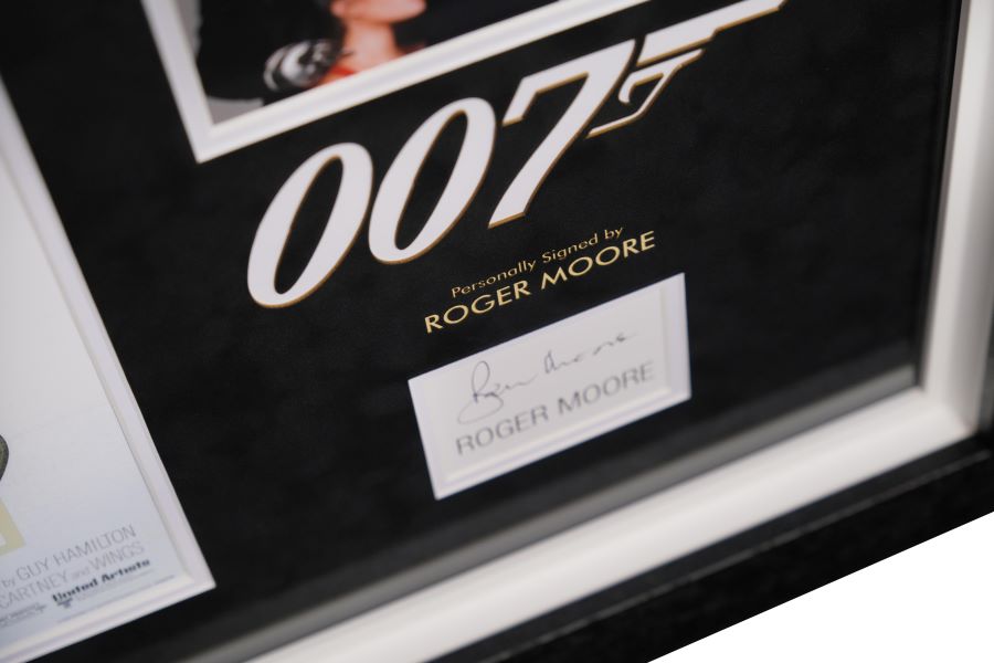 Roger Moore, 007 Signed White Card Photograph Framed Display - Memorabilia Framers Shop
