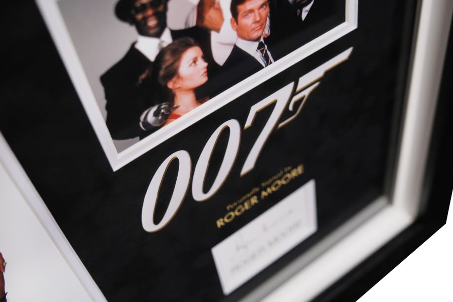 Roger Moore, 007 Signed White Card Photograph Framed Display - Memorabilia Framers Shop