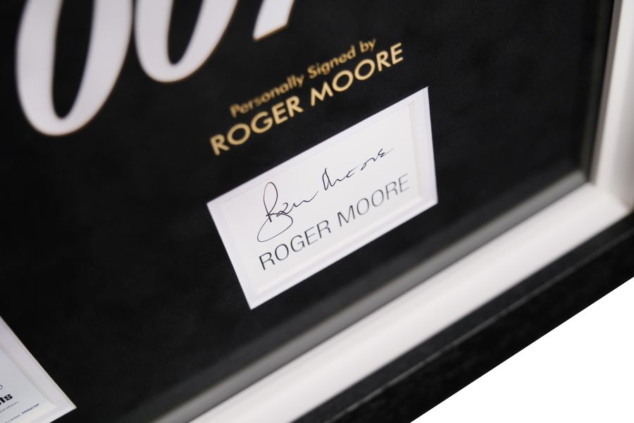 Roger Moore, 007 Signed White Card Photograph Framed Display - Memorabilia Framers Shop