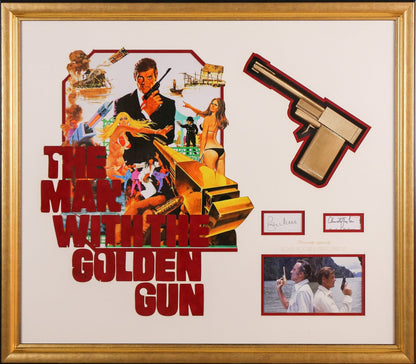 Roger Moore and Christopher Lee, 007 Signed Whitecard Framed Display with Golden Gun - Memorabilia Framers Shop