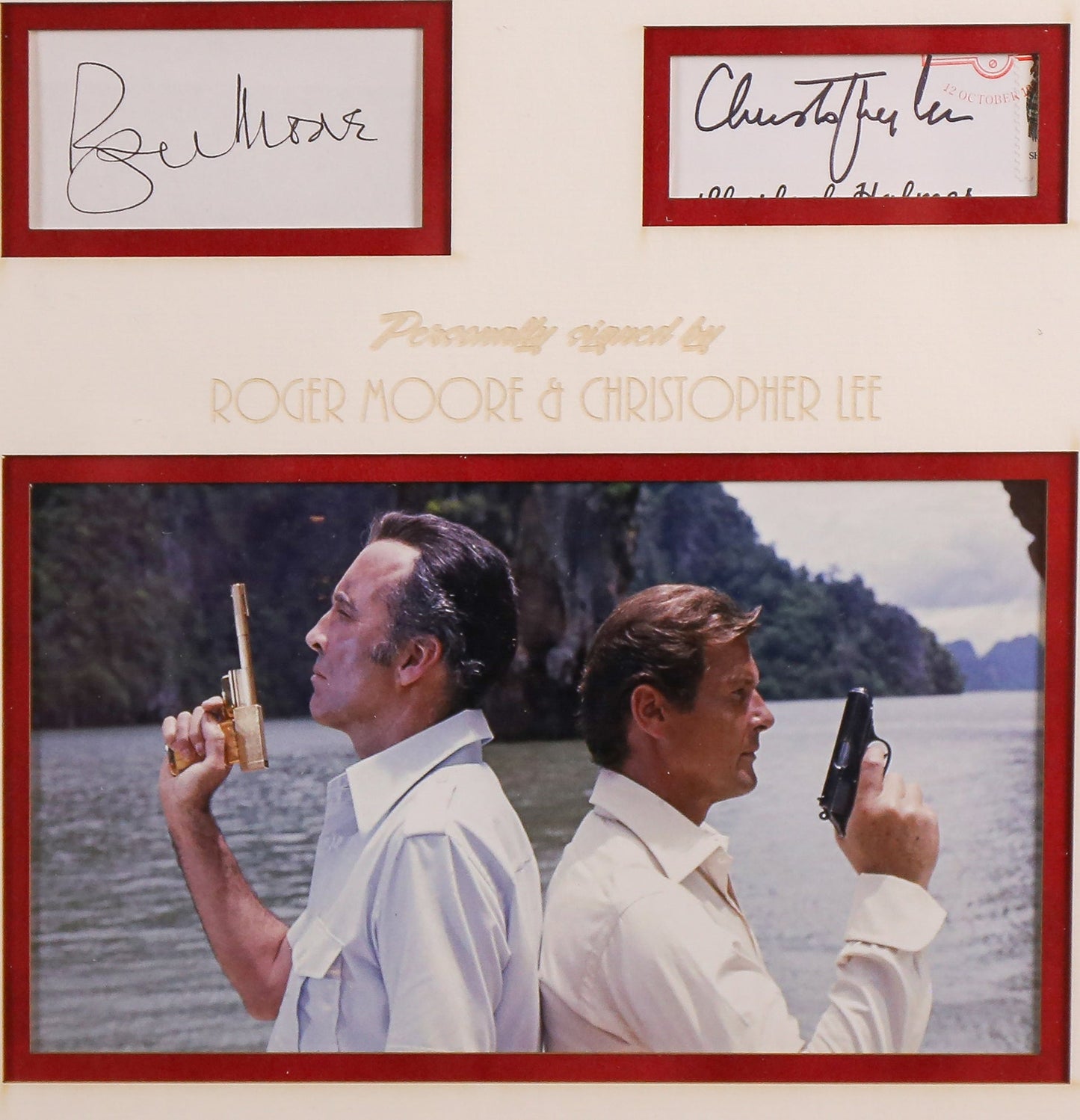 Roger Moore and Christopher Lee, 007 Signed Whitecard Framed Display with Golden Gun - Memorabilia Framers Shop