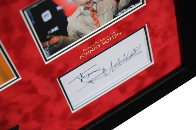 Sex Pistol's Johnny Rotten Signed White Card Display - Memorabilia Framers Shop