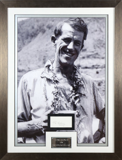 Sir Edmund Hillary Signed White card Framed Display - Memorabilia Framers Shop