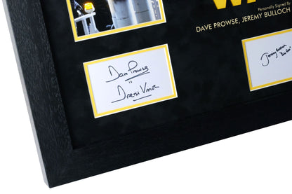 Triple Signed Star Wars White Card Framed Display: Dave Filoni, Jeremy Bulloch, and Billy Dee Williams