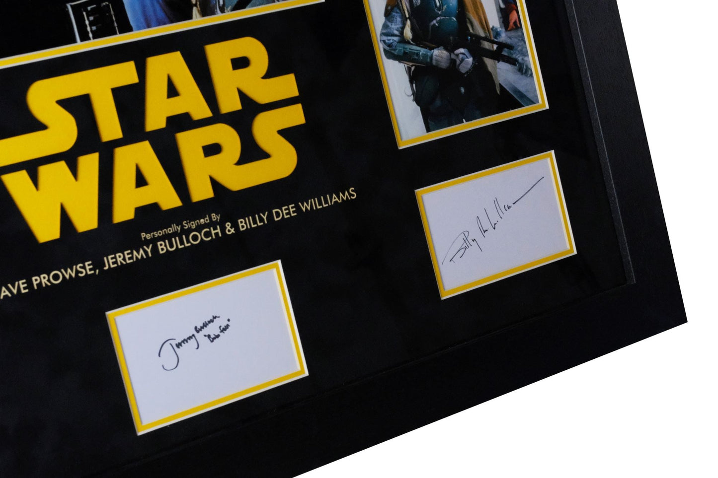 Triple Signed Star Wars White Card Framed Display: Dave Filoni, Jeremy Bulloch, and Billy Dee Williams