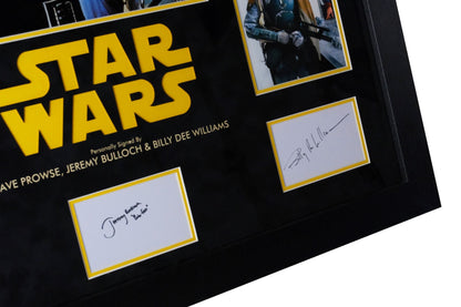Triple Signed Star Wars White Card Framed Display: Dave Filoni, Jeremy Bulloch, and Billy Dee Williams