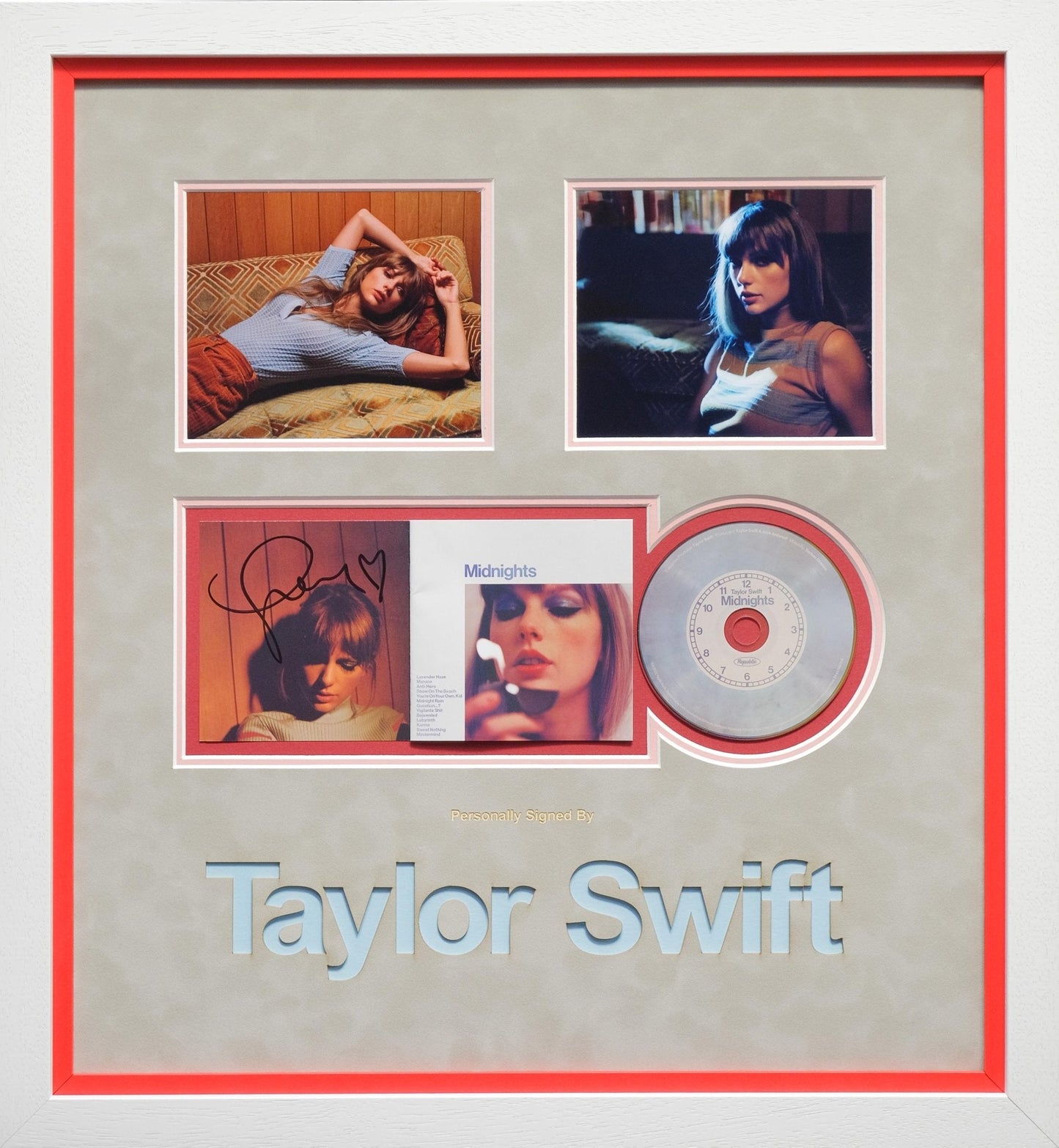 Taylor Swift Signed Midnight Album Record Display with Red Detail and Blue Laser Cut - Memorabilia Framers Shop