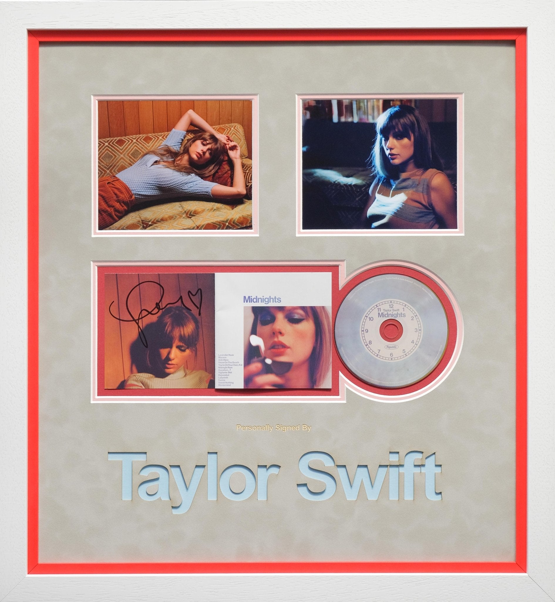 Taylor Swift Signed Midnight Album Record Display with Red Detail and Blue Laser Cut - Memorabilia Framers Shop