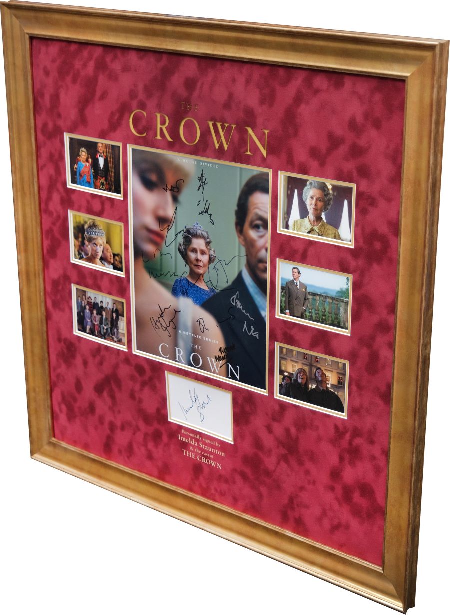 The Crown Multi Signed Poster by Cast and White Card Signed by Imelda Staunton - Memorabilia Framers Shop