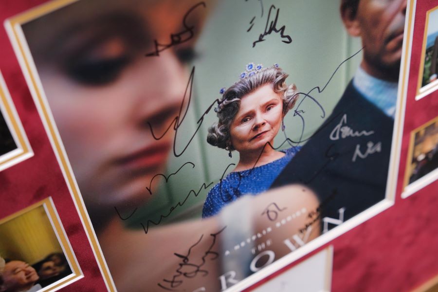 The Crown Multi Signed Poster by Cast and White Card Signed by Imelda Staunton - Memorabilia Framers Shop