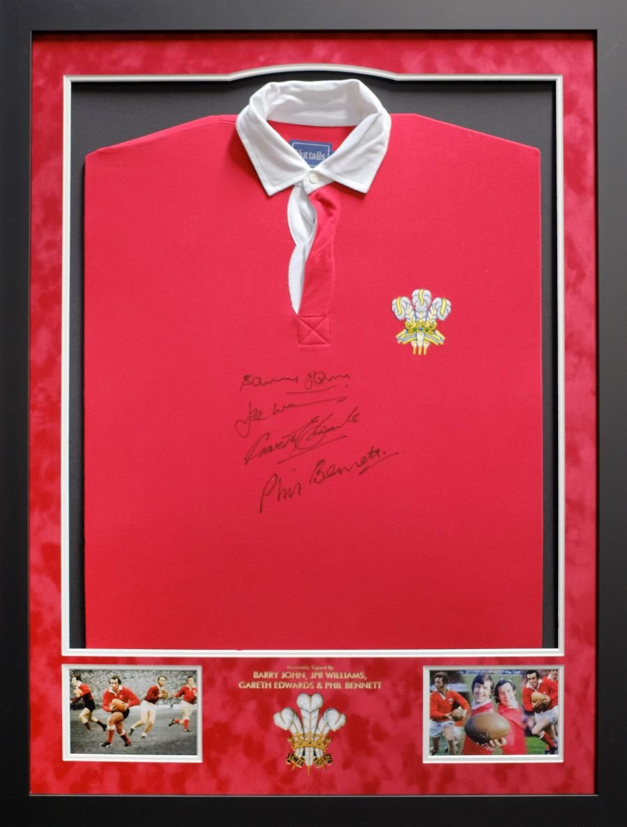 Welsh Rugby Legends Shirt Signed Barry John, Phil Bennett, JPR Williams, Gareth Edwards - Memorabilia Framers Shop